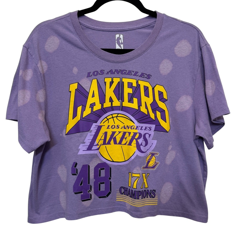 NBA Womens Lakers Cropped T-Shirt L Purple Bleach Wash Graphic Sporty Streetwear